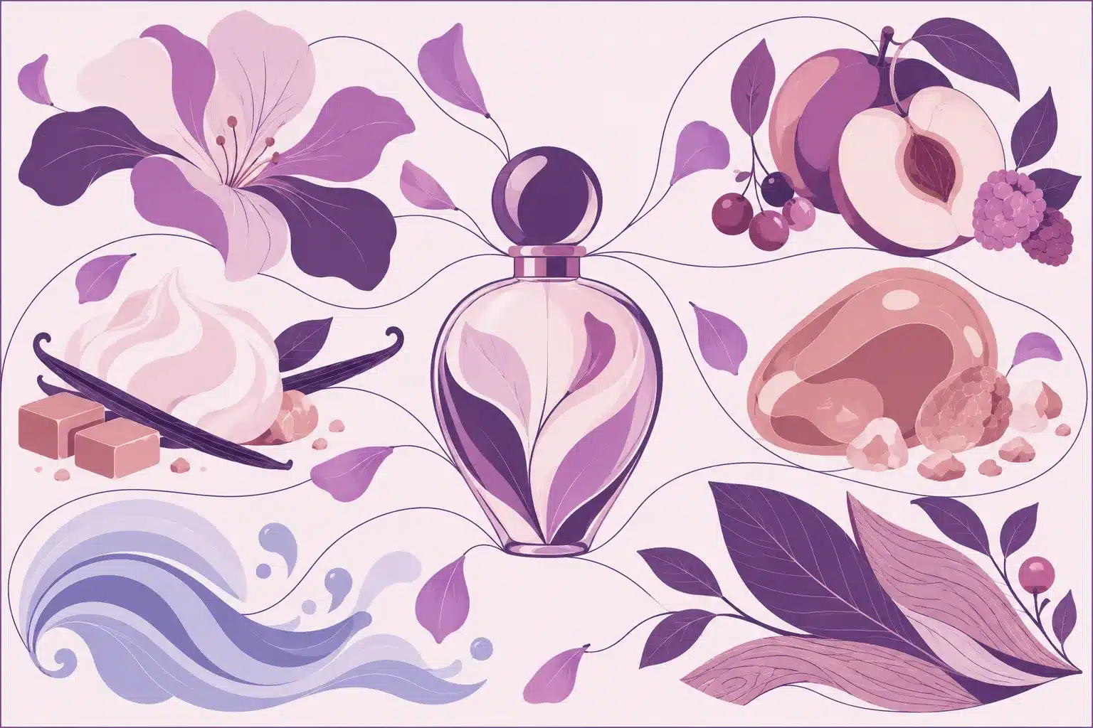 Un flacon de parfum est entouré de fleurs, de fruits, de feuilles et de notes gourmandes.