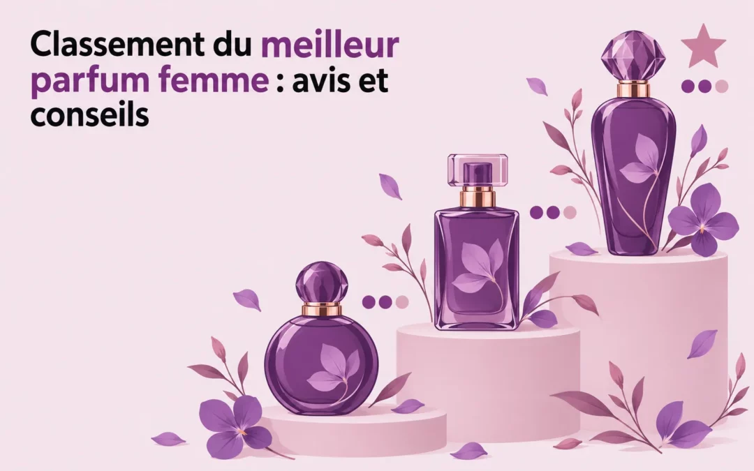 Trois flacons de parfum violets sont disposés sur des présentoirs roses, entourés de fleurs.