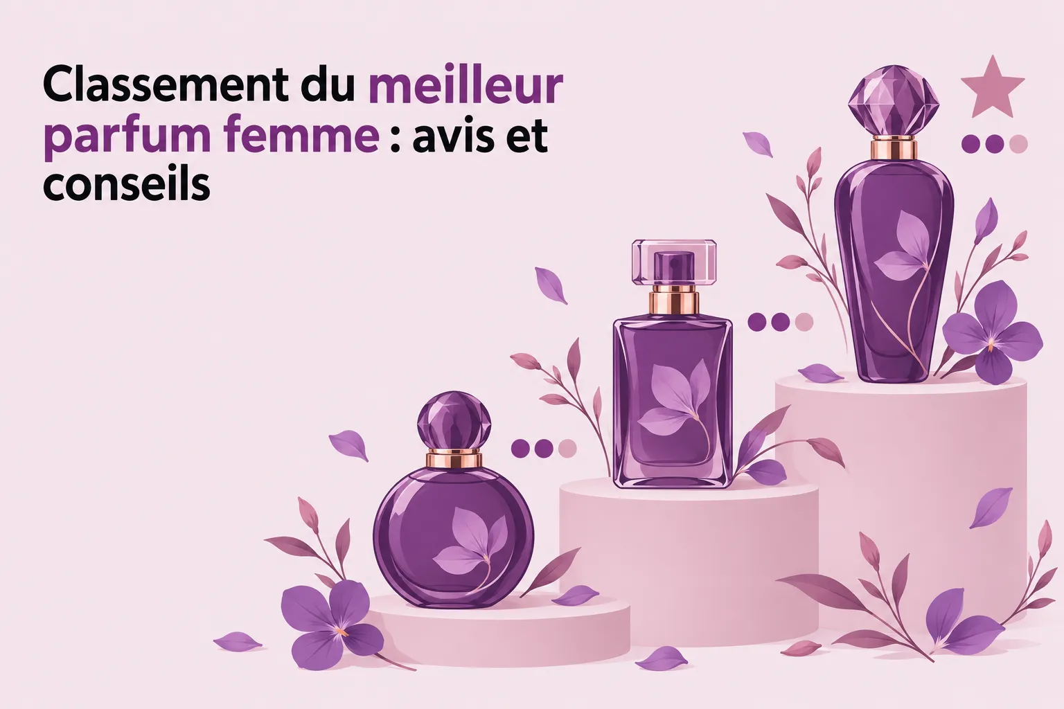 Trois flacons de parfum violets sont disposés sur des présentoirs roses, entourés de fleurs.